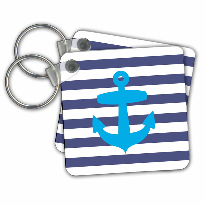 Key Chain - Retro Nautical Blue Anchor with navy blue sailor stripe pattern - French Breton stripes Nautical Designs