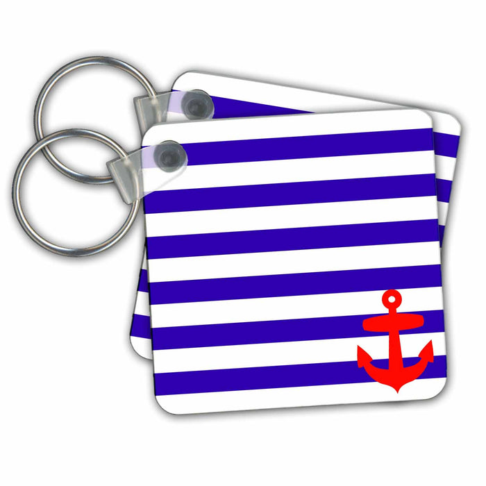 Key Chain - Retro Nautical Red Anchor in Corner with Navy Blue sailor stripe pattern - French Breton stripes Nautical Designs