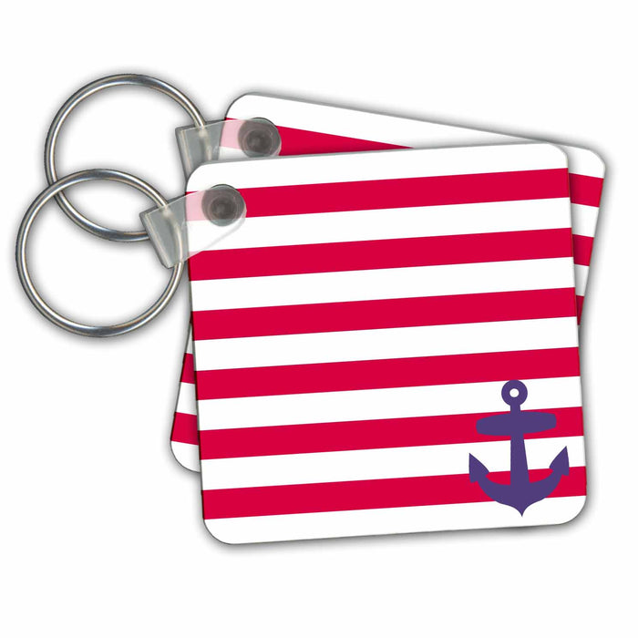 Key Chain - Retro Nautical Navy Blue Anchor in Corner with Red sailor stripe pattern - French Breton stripes Nautical Designs