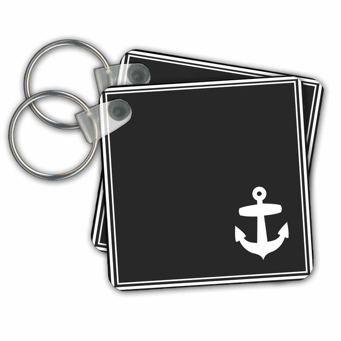 Key Chain - Contemporary Nautical White Boat Anchor in Corner on Stylish Sleek Elegant Black with white border Nautical Designs