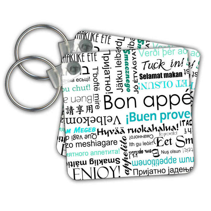 Key Chain - Teal Turquoise Blue Bon Appetit Kitchen Art Typography - Enjoy Your Food in different languages Bon Appetit Series