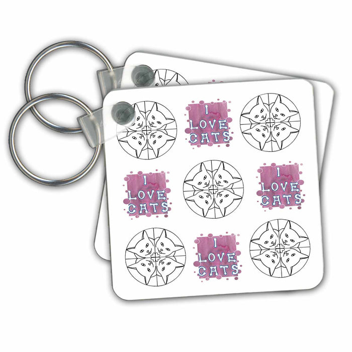 Key Chain - Mandala Kaleidoscope Drawing of Cats and I Love Cats on Pink Pattern sArt Animals Cat Art