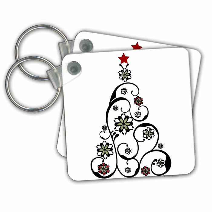 Key Chain - Contemporary Black Christmas Tree Design With Red Star Christmas