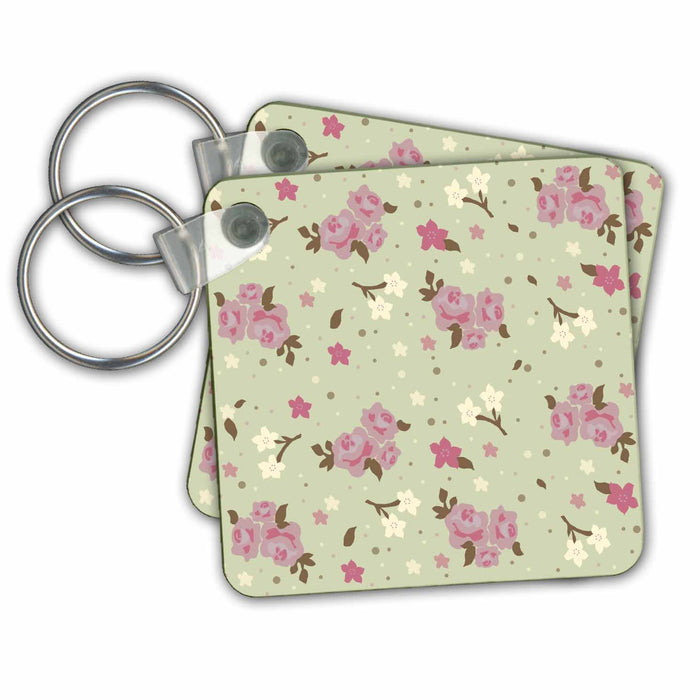 Key Chain - Shabby Chic Pink Roses on cream green - pretty floral pattern - flowery flower gifts for girly girls Flower Patterns