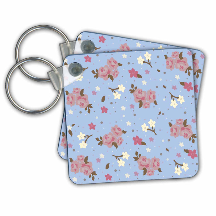 Key Chain - Shabby Chic Pink Roses on pastel blue - pretty floral pattern - flowery flower gifts for girly girls Flower Patterns