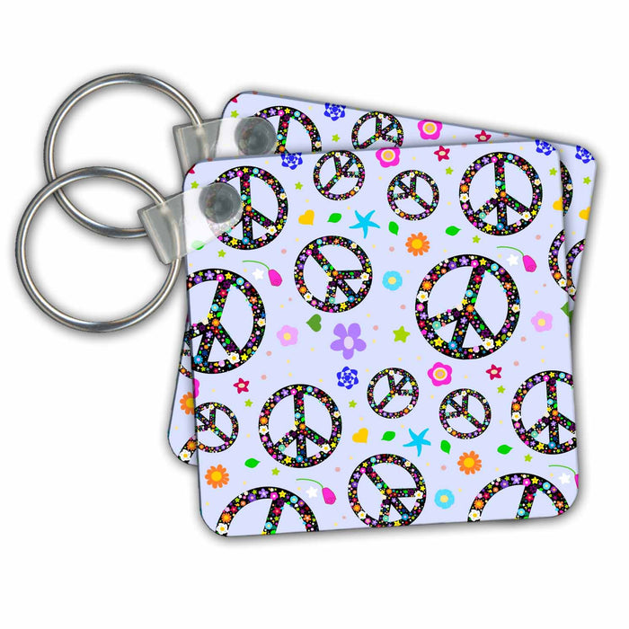 Key Chain - Floral peace symbol pattern - flowery hippie or hippy sign - flower power - summer flowers - blue Peace Signs