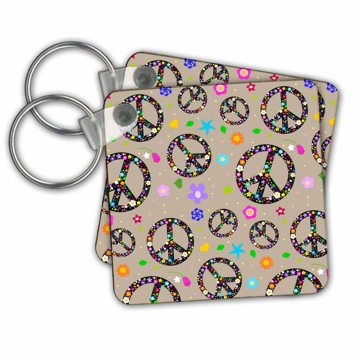 Key Chain - Floral peace symbol pattern - flowery hippie or hippy sign - flower power - summer flowers - brown Peace Signs