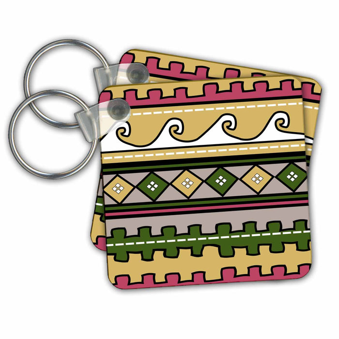 Key Chain - Peru pattern - waves diamonds and stripes - tan yellow brown beige green red white south america Peruvian pattern