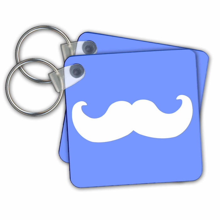 Key Chain - White mustache on blue - Ironic hipster moustache - Humorous - Fun - Whimsical - Silly - Funny Mustache Collection