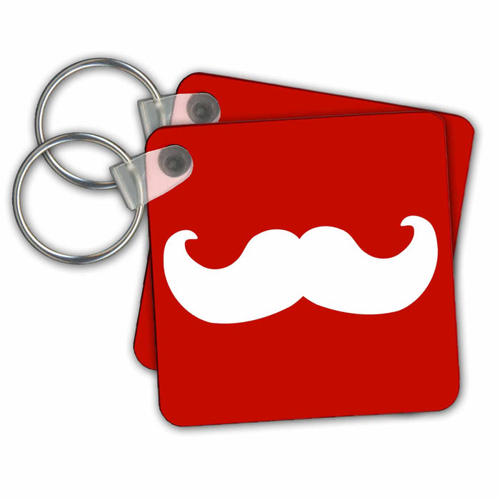 Key Chain - White mustache on red - Ironic hipster moustache - Humorous - Fun - Whimsical - Funny Mustache Collection