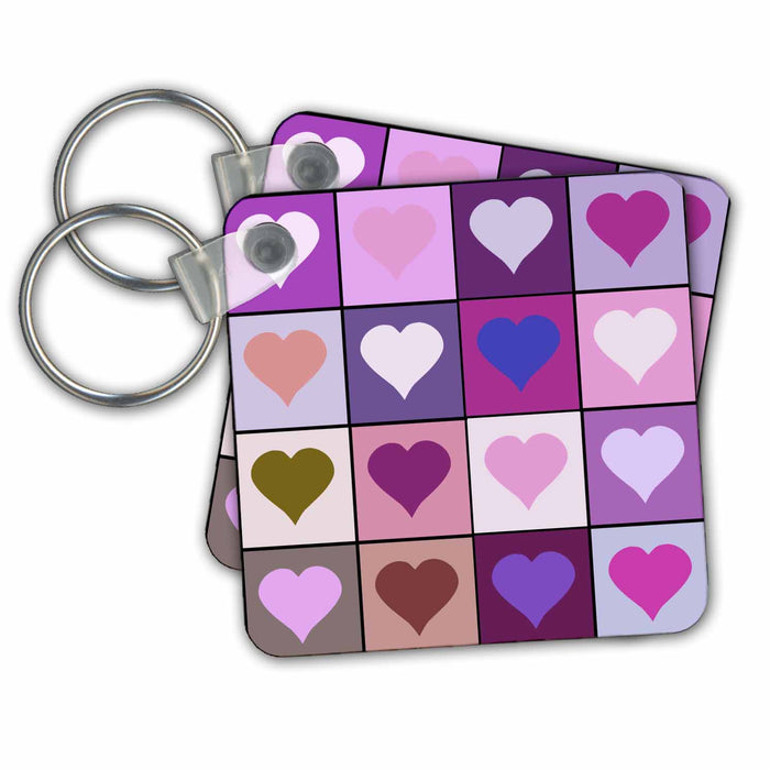 Key Chain - Purple and Pink Love Heart squares - Hearts pattern - contemporary modern trendy girly mosaic Romance and Love Collection