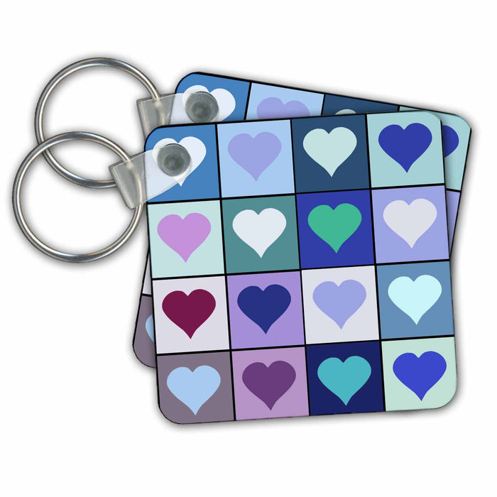 Key Chain - Blue Turquoise Aqua Love Heart squares - Hearts pattern - contemporary modern trendy stylish mosaic Romance and Love Collection