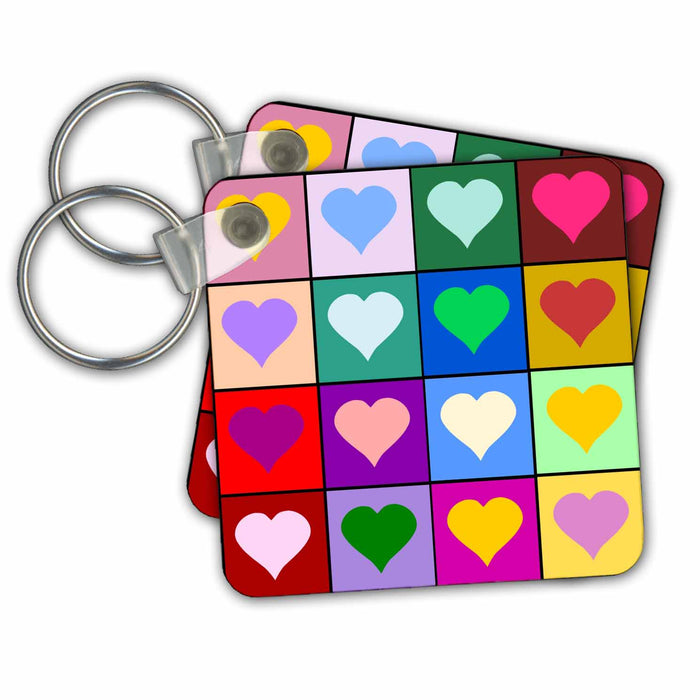 Key Chain - Rainbow Love Heart squares - Colorful Hearts pattern - contemporary modern trendy girly mosaic Romance and Love Collection