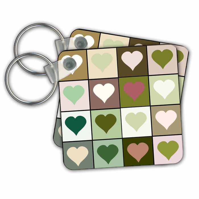 Key Chain - Army print colors style Love Heart squares - Hearts pattern - contemporary modern green brown mosaic Romance and Love Collection