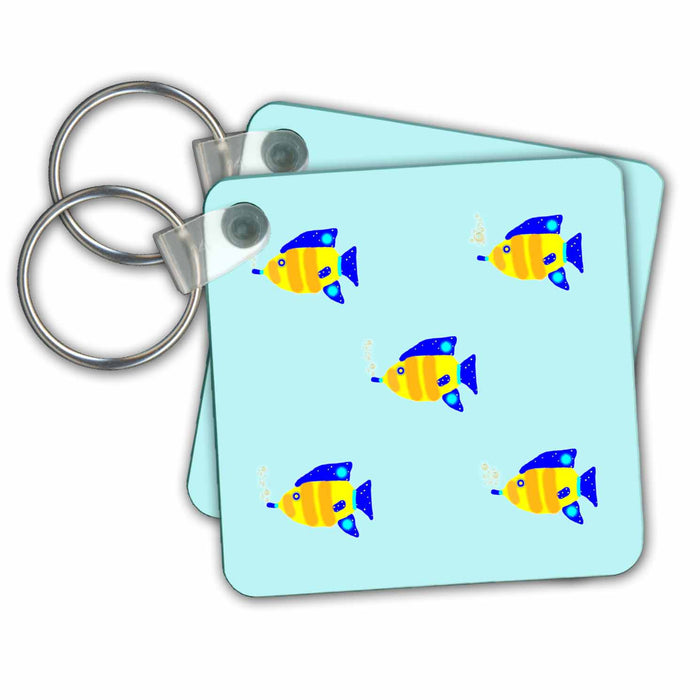 Key Chain - Pattern of Bright Blue Orange and Yellow Fish Swimming With Bubbles sArt Animals Wild Fish