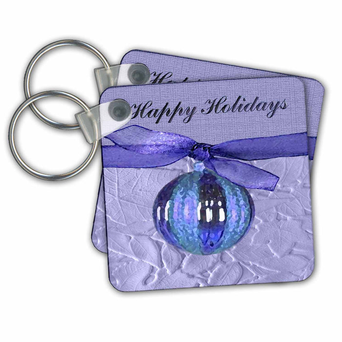 Key Chain - Blue and Purple Ornament with Ribbon, Happy Holidays Christmas Design