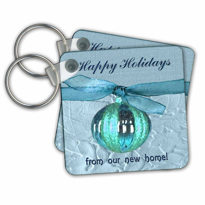 Key Chain - Aqua Green Ornament with Ribbon, Happy Holidays from our new home Christmas Design