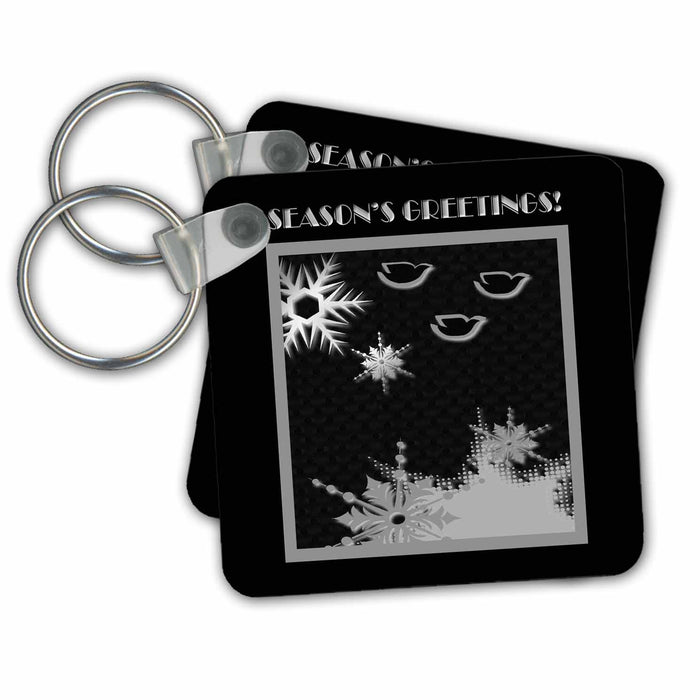 Key Chain - Doves, Snowballs and Snowflakes, Seasons Greetings, Silver on Black Christmas Design