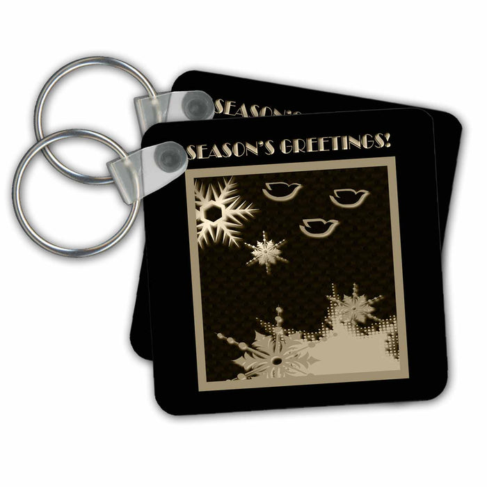 Key Chain - Doves, Snowballs and Snowflakes, Seasons Greetings, Gold on Black Christmas Design