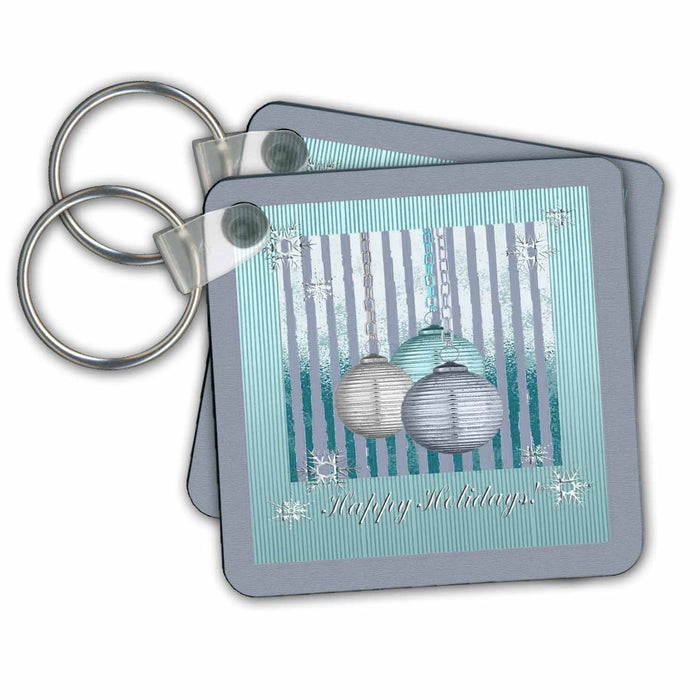 Key Chain - Three Ornaments, Happy Holidays, Aqua Green, Silver and Blue Christmas Design