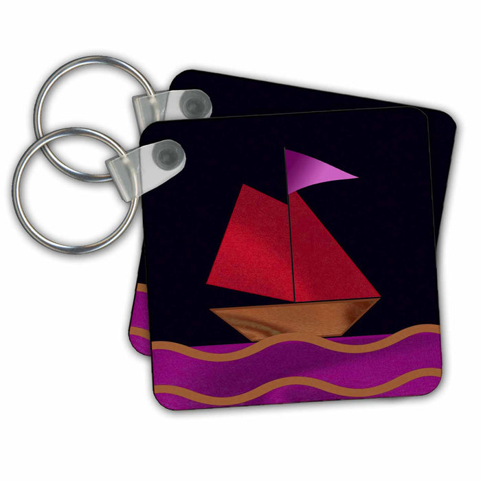 Key Chain - Sail Boat, Red on Black Design