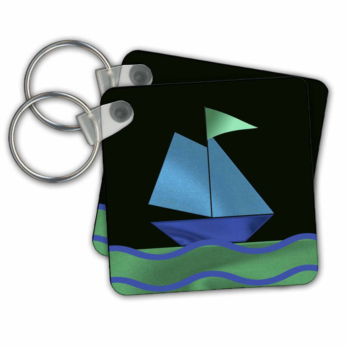 Key Chain - Sail Boat, Blue on Black Design