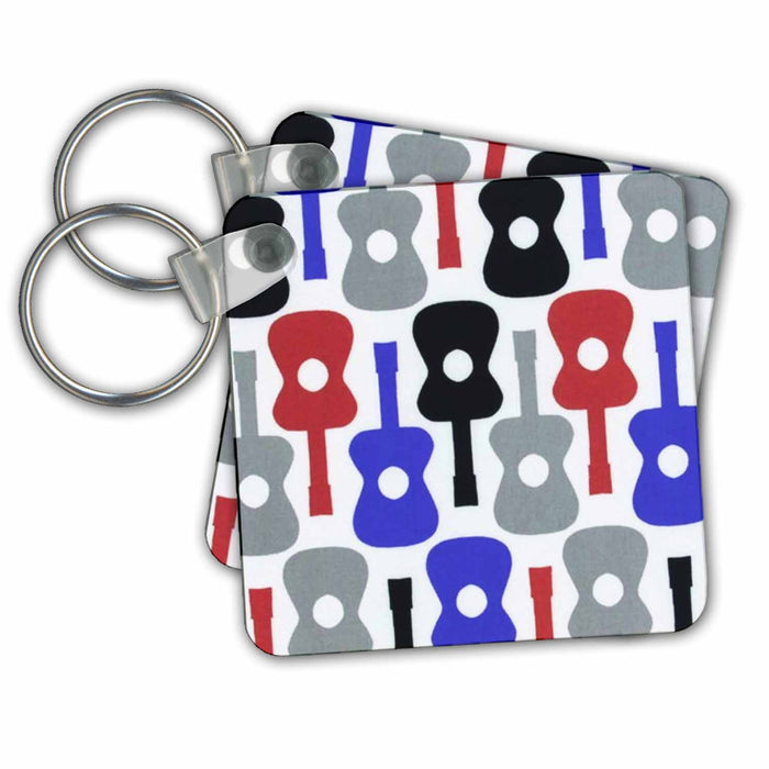 Key Chain - Fun Red Blue Gray n Black Guitar Pattern Childrens Art II