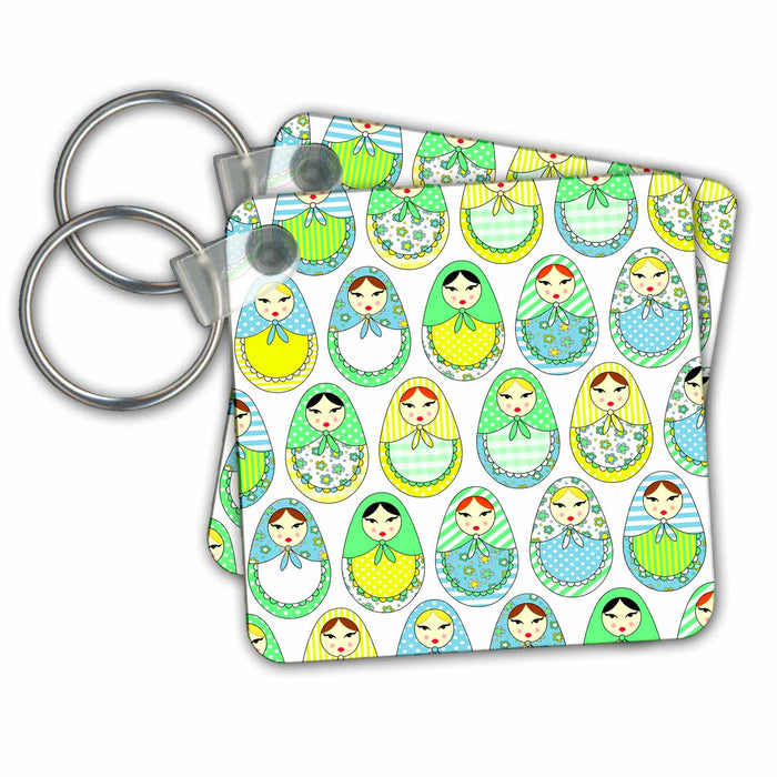 Key Chain - Cute Russian Matryoshka Nesting Dolls Print - Cool Colors White Designs Dolls