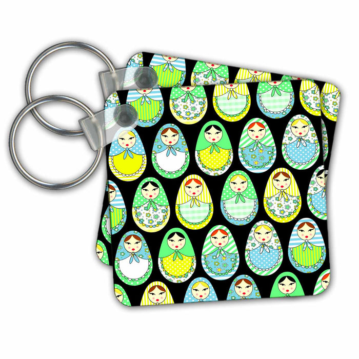 Key Chain - Cute Russian Matryoshka Nesting Dolls Print - Cool Colors Black Designs Dolls