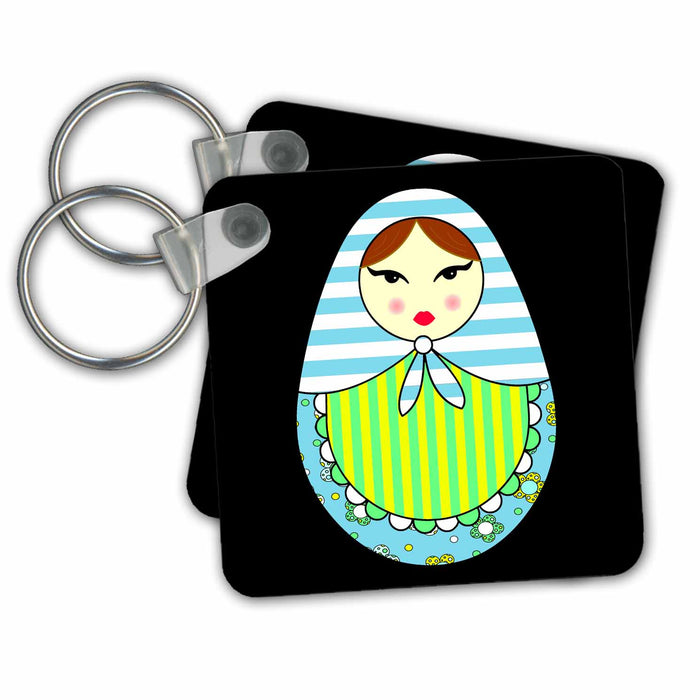 Key Chain - Cute Russian Matryoshka Nesting Doll Brown Hair - Cool Colors Black Designs Dolls