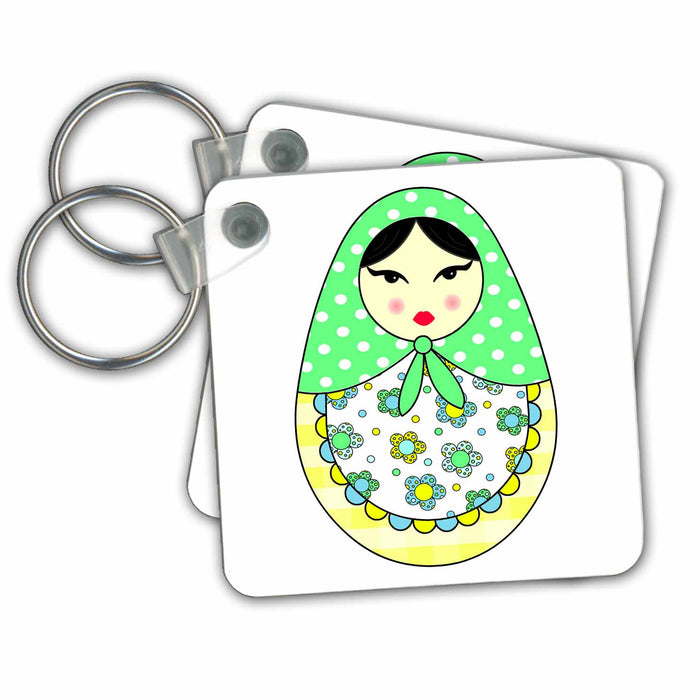 Key Chain - Cute Russian Matryoshka Nesting Doll Black Hair - Cool Colors White Designs Dolls