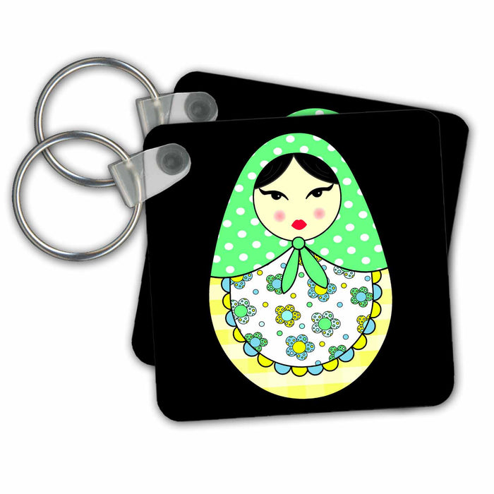 Key Chain - Cute Russian Matryoshka Nesting Doll Black Hair - Cool Colors Black Designs Dolls