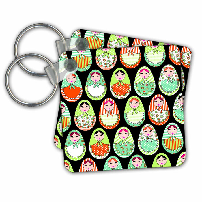 Key Chain - Cute Russian Matryoshka Nesting Dolls Print - Warm Colors Black Designs Dolls