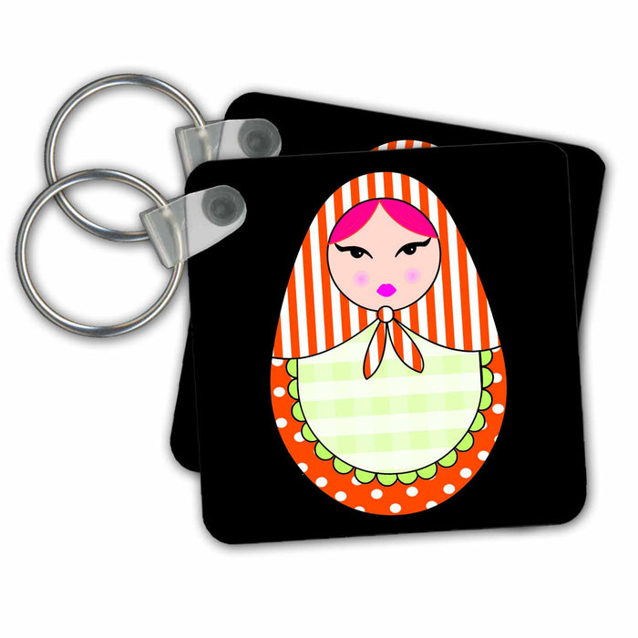 Key Chain - Cute Russian Matryoshka Nesting Doll Pink Hair - Warm Colors Black Designs Dolls