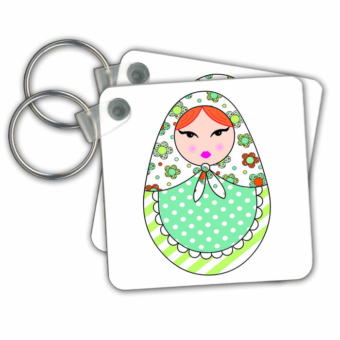 Key Chain - Cute Russian Matryoshka Nesting Doll Orange Hair - Warm Colors White Designs Dolls