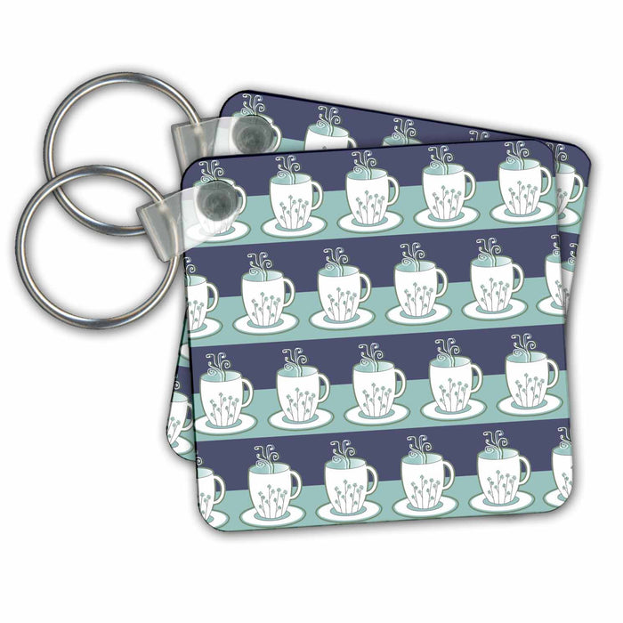 Key Chain - Tea Lover Gift - Cute Tea Cups Print - Blue Designs Food and Drink