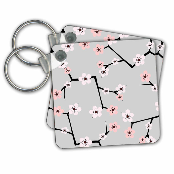 Key Chain - Delicate Cherry Blossoms Print - Pink on Grey Designs Japanese Inspired