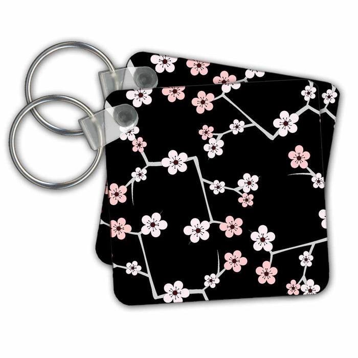 Key Chain - Delicate Cherry Blossoms Print - Pink on Black Designs Japanese Inspired