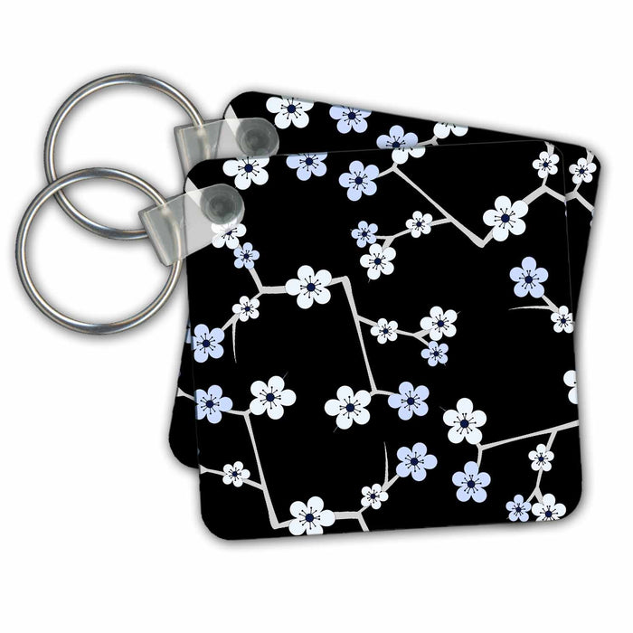 Key Chain - Delicate Cherry Blossoms Print - Blue on Black Designs Japanese Inspired