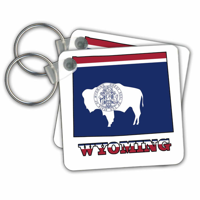 Key Chain - Wyoming state flag in the outline map and letters for Wyoming. Flags and Maps - States