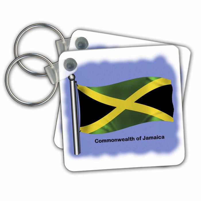 Key Chain - Jamaican flag for the Commonwealth of Jamaica waving on a blue background Flags and Maps - North America