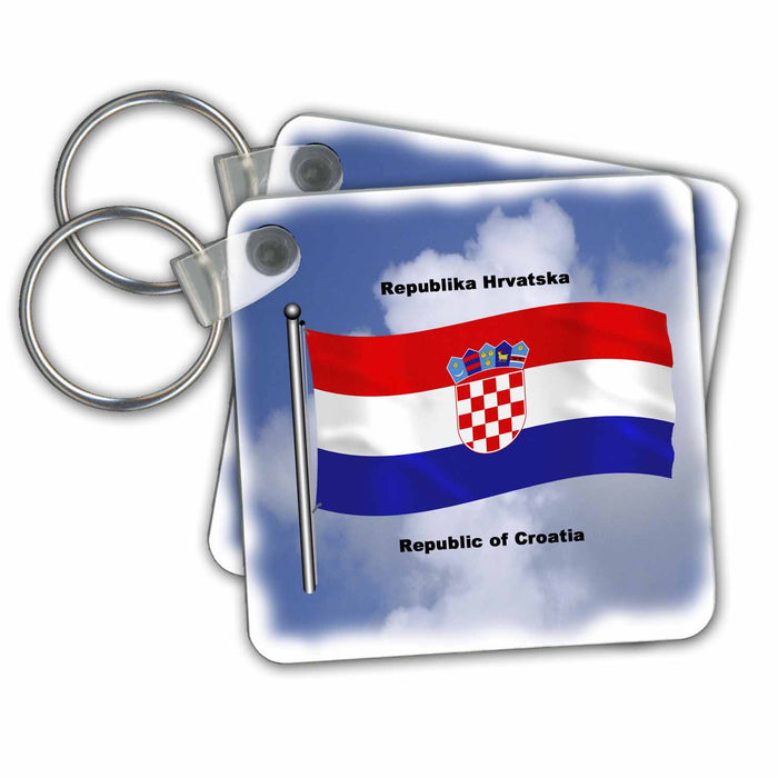 Key Chain - The flag of Croatia waving against the sky with the Republic of Croatia i English and Croation Flags and Maps