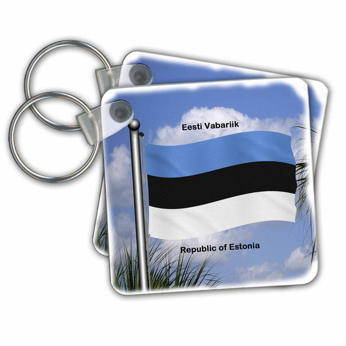 Key Chain - The flag of Estonia waving against the sky with Republic of Estonia written in English and Estonian Flags and Maps