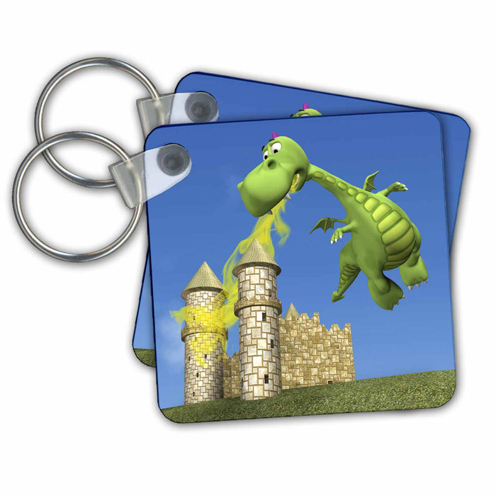 Key Chain - Dragon breathing flames on castle Graphics Cartoon