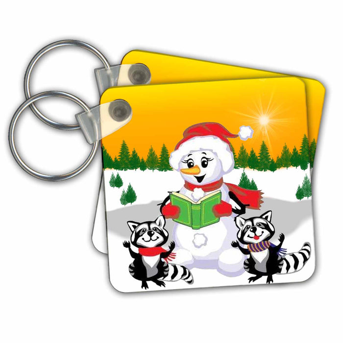 Key Chain - Raccoons and Snowman Singing Christmas Carols on a Winter Background Jr Christmas