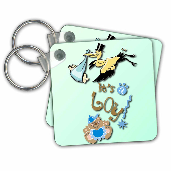 Key Chain - Stork With Baby Its A Boy on Light Green Background Jr Sayings