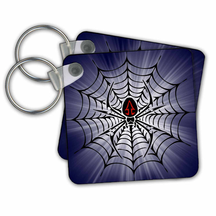 Key Chain - Black Widow Spider in a Web on White to Blue Background Jr Halloween