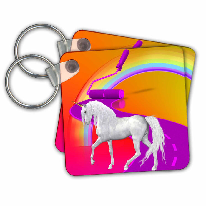 Key Chain - Painted rainbow with beautiful white Unicorn Fantasy