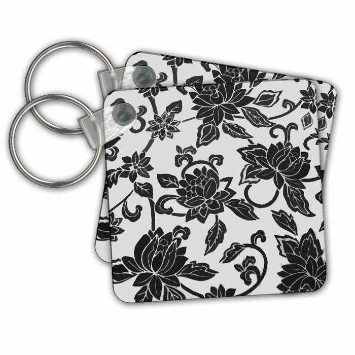 Key Chain - Trendy Black n White Flowers Black and White