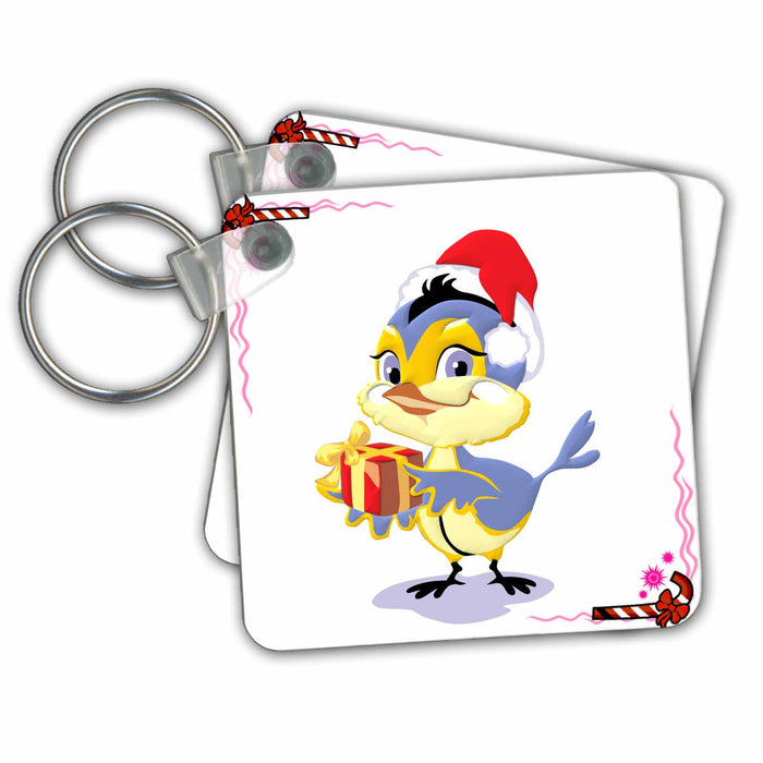 Key Chain - Christmas Bluebird With Gift and Candy Cane Background Jr Christmas